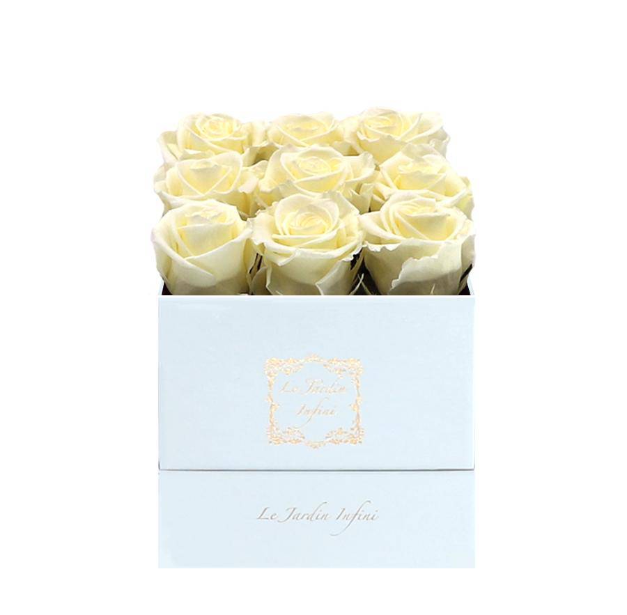 9 Vanilla Preserved Roses - Luxury Square Shiny White Box