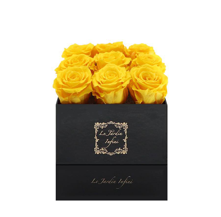 9 Warm Yellow Preserved Roses - Luxury Square Shiny Black Box
