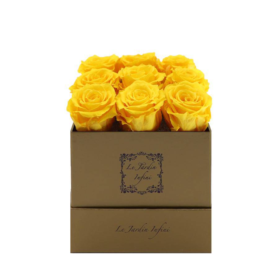 9 Warm Yellow Preserved Roses - Luxury Square Shiny Gold Box