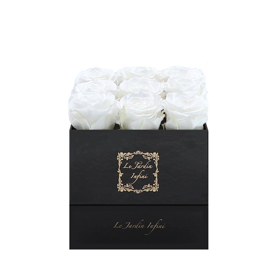 9 White Preserved Roses - Luxury Square Shiny Black Box