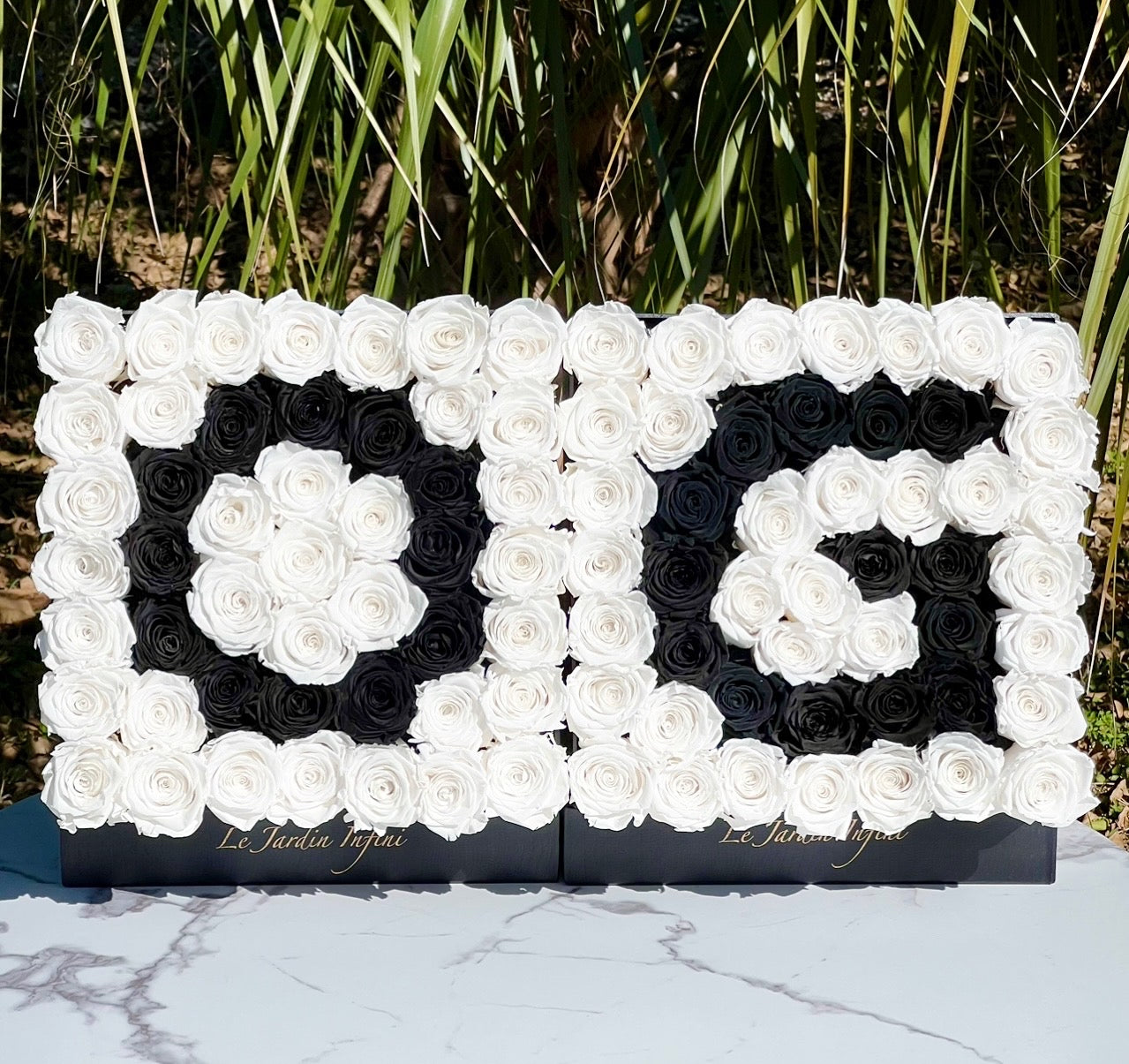 100 Roses White & Black OG Design Preserved Roses - 2 Large Square Luxury Black Leather Boxes