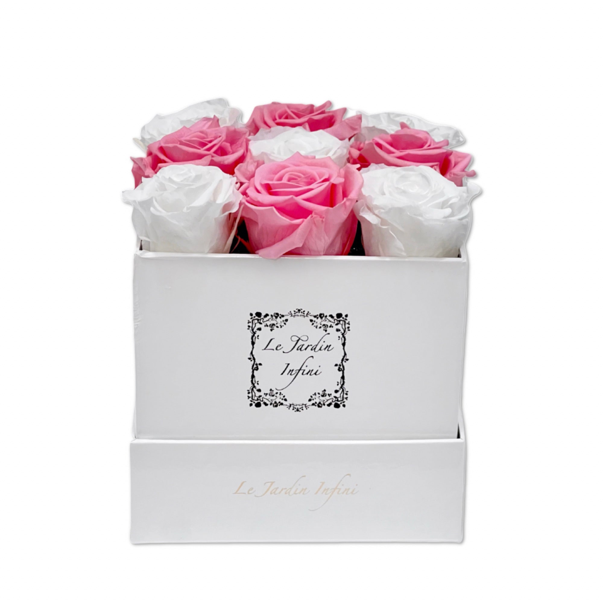9 Pink & White Checker Preserved Roses - Luxury Square Shiny White Box