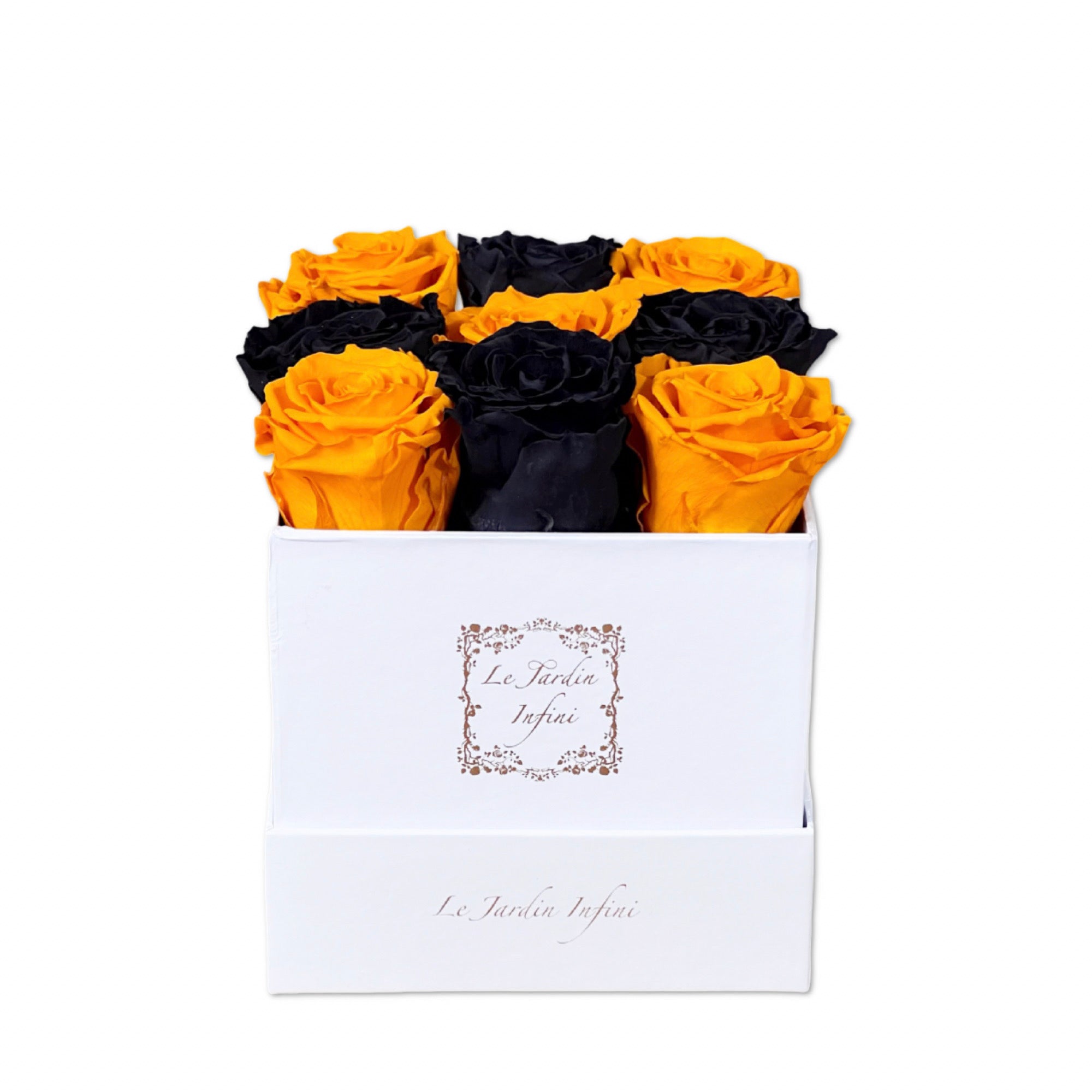9 Orange & Black Checker Preserved Roses - Luxury Square Shiny White Box