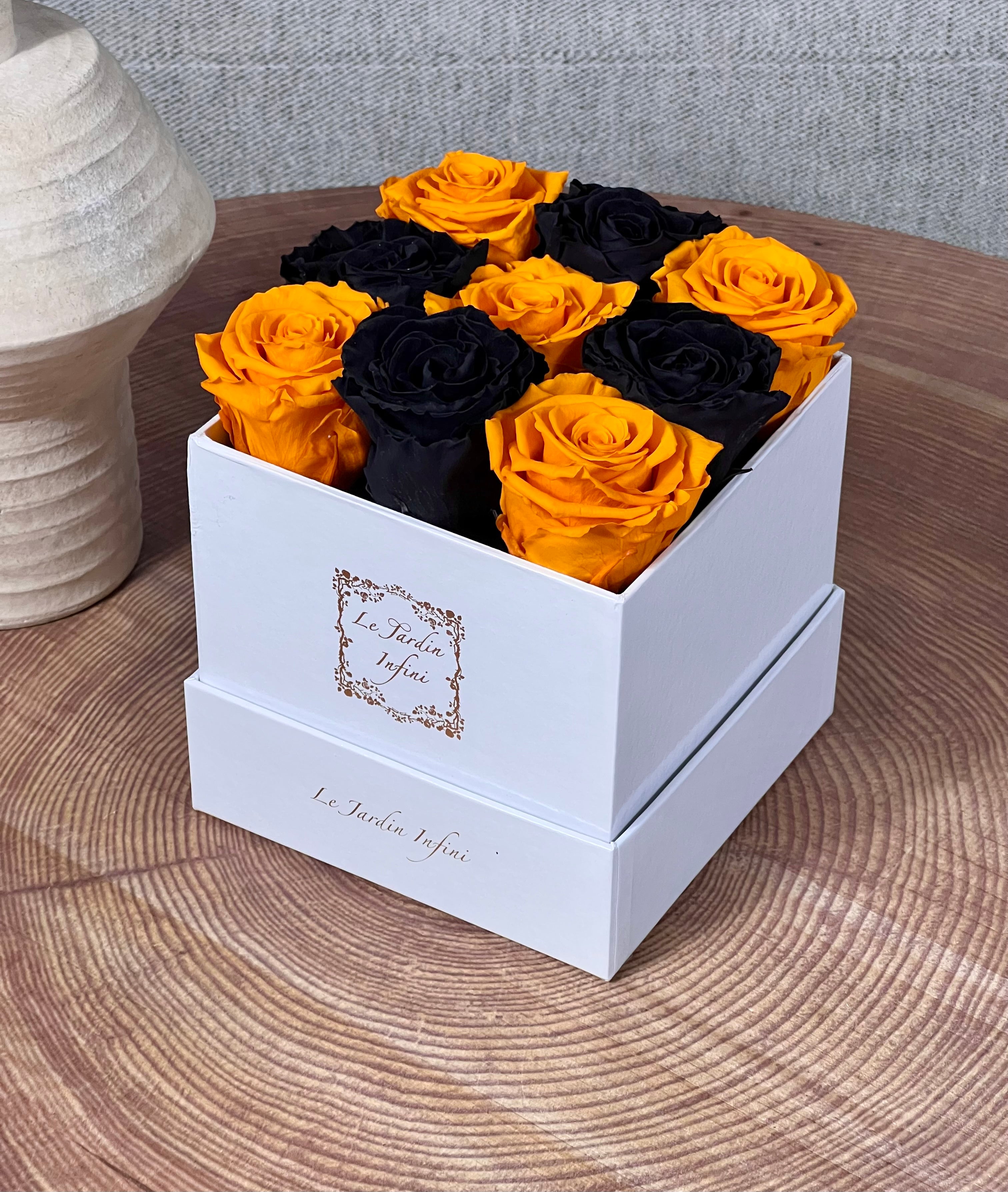 9 Orange & Black Checker Preserved Roses - Luxury Square Shiny White Box