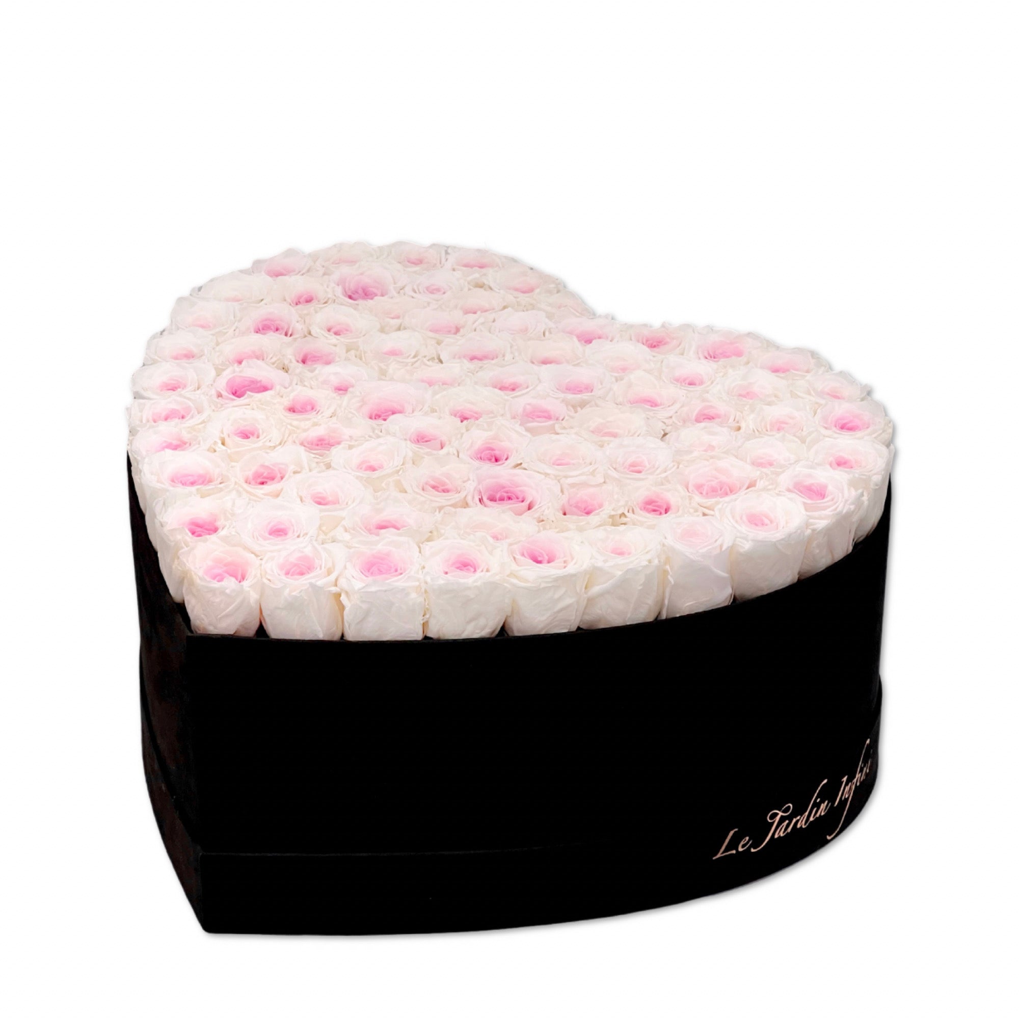 80-100 Bicolor Preserved Roses in A Heart Shaped Box- Large Heart Luxury Black Suede Box