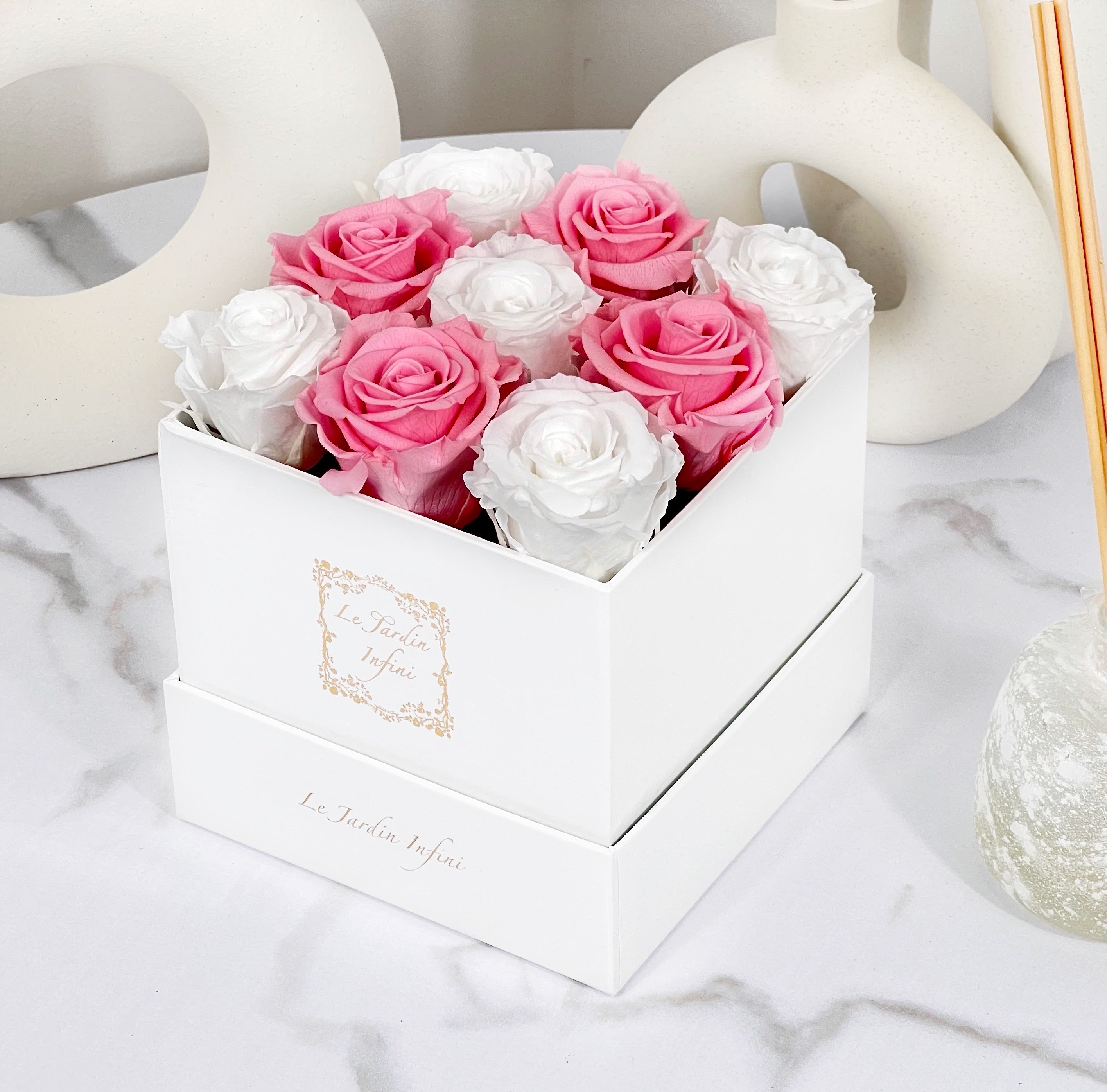 9 Pink & White Checker Preserved Roses - Luxury Square Shiny White Box