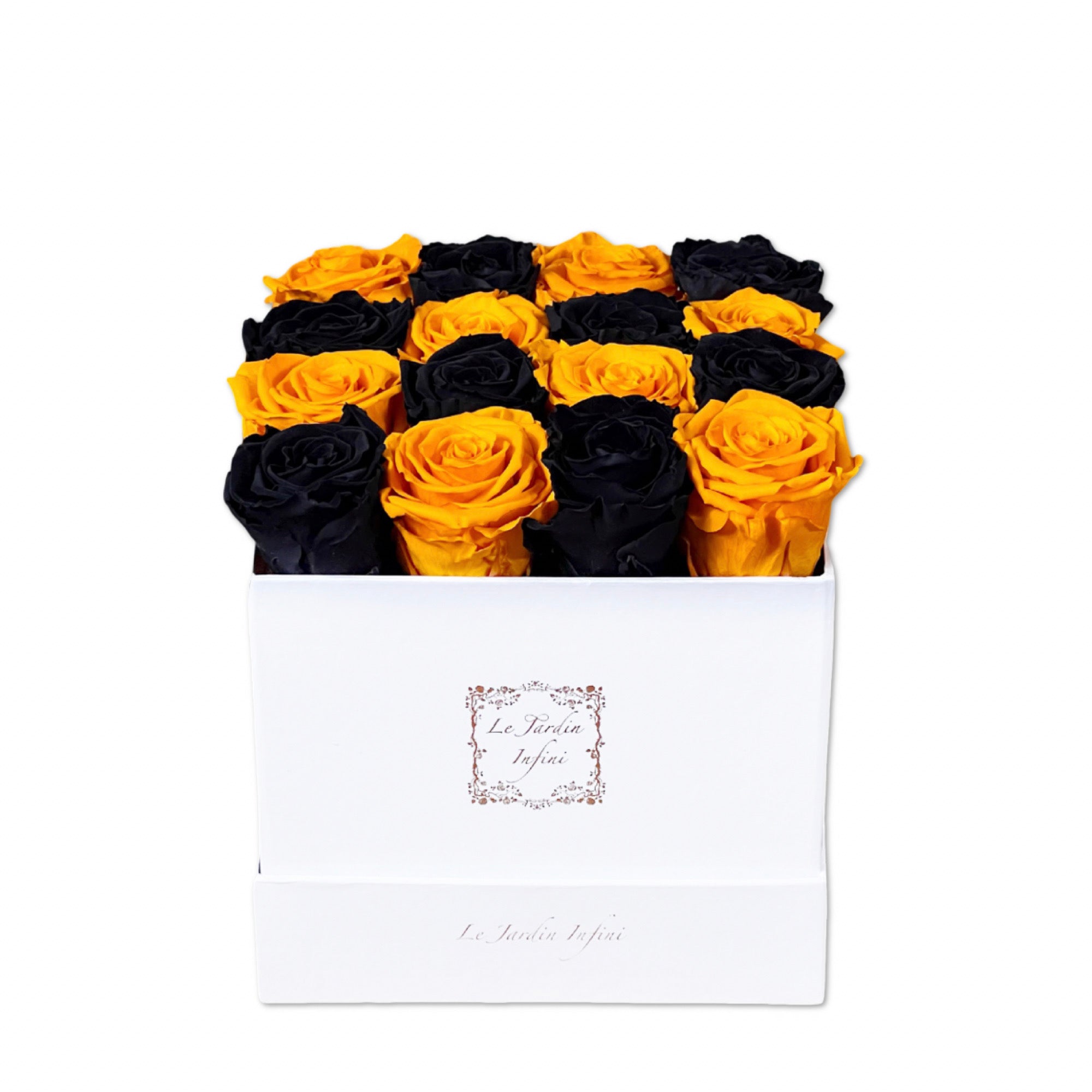 16 Orange & Black Checker Preserved Roses - Luxury Square Shiny Gold Box