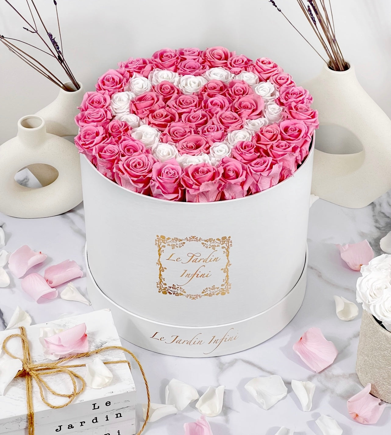 Heart Design White & Pink Preserved Roses - Luxury Large Round White Box