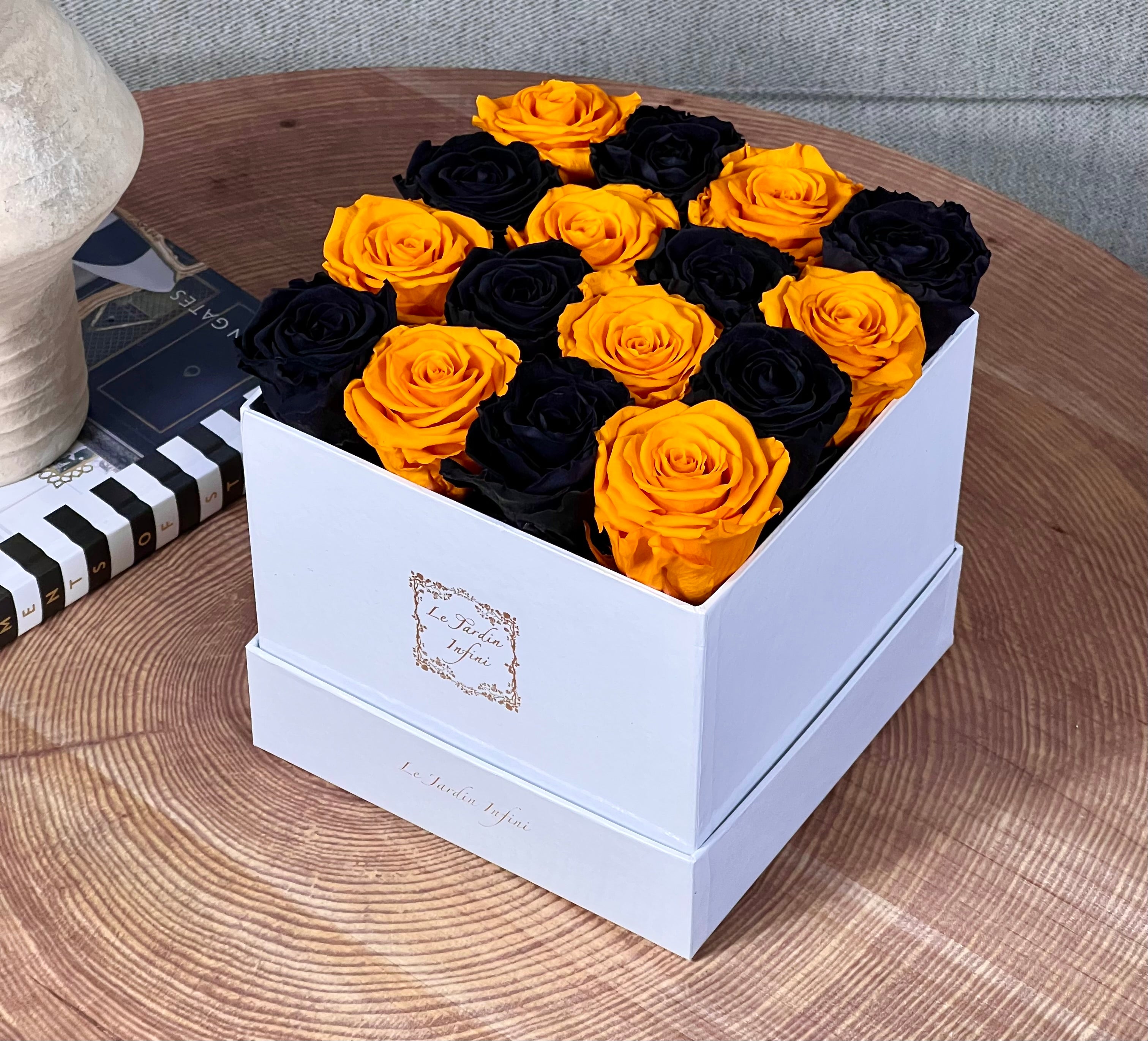 16 Orange & Black Checker Preserved Roses - Luxury Square Shiny Gold Box