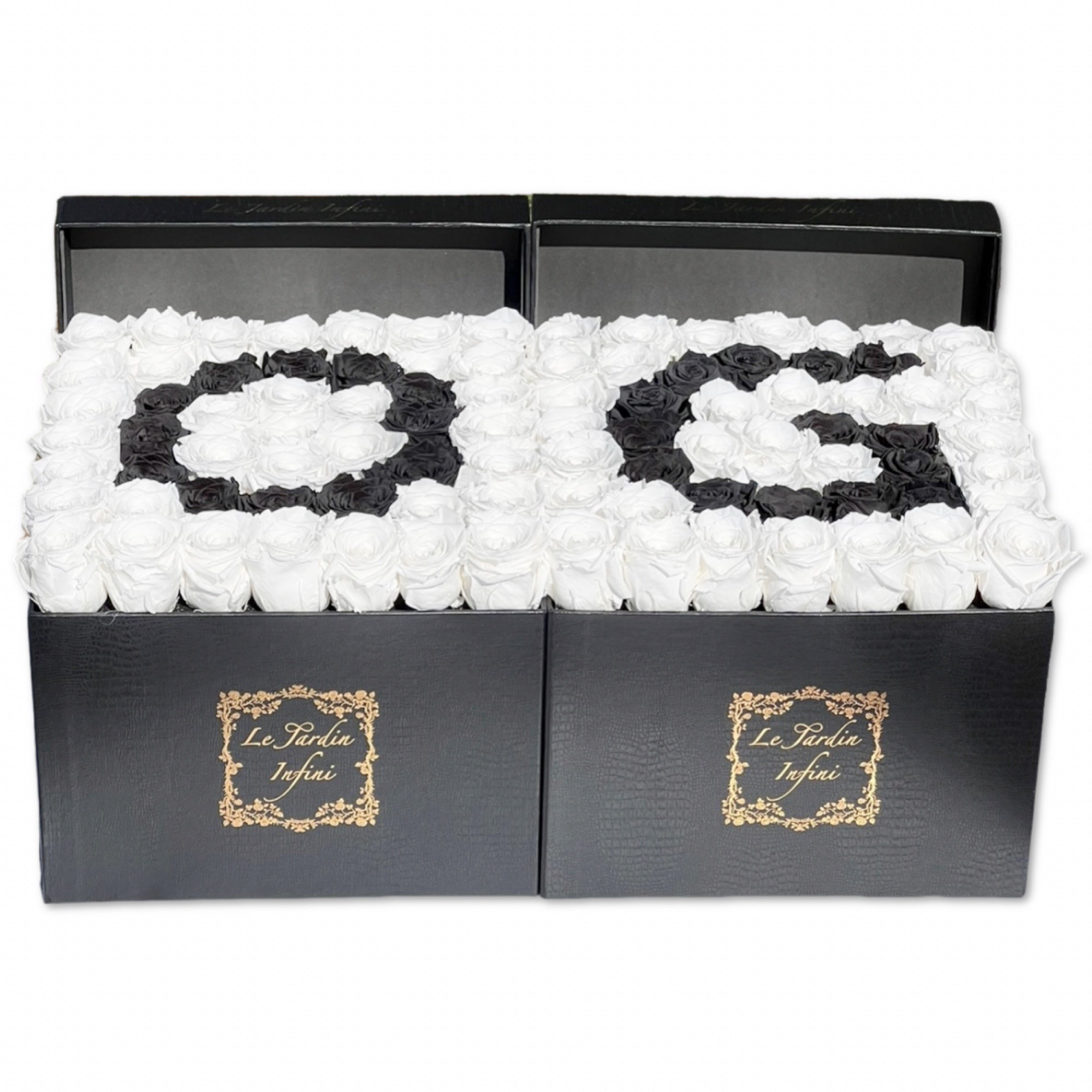 100 Roses White & Black OG Design Preserved Roses - 2 Large Square Luxury Black Leather Boxes