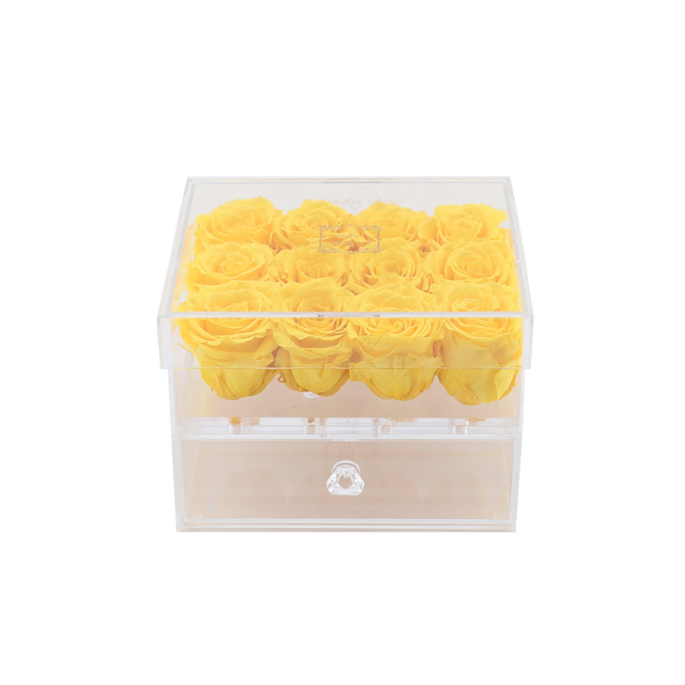 12 Bright Yellow Preserved Roses - Acrylic Box With Drawer