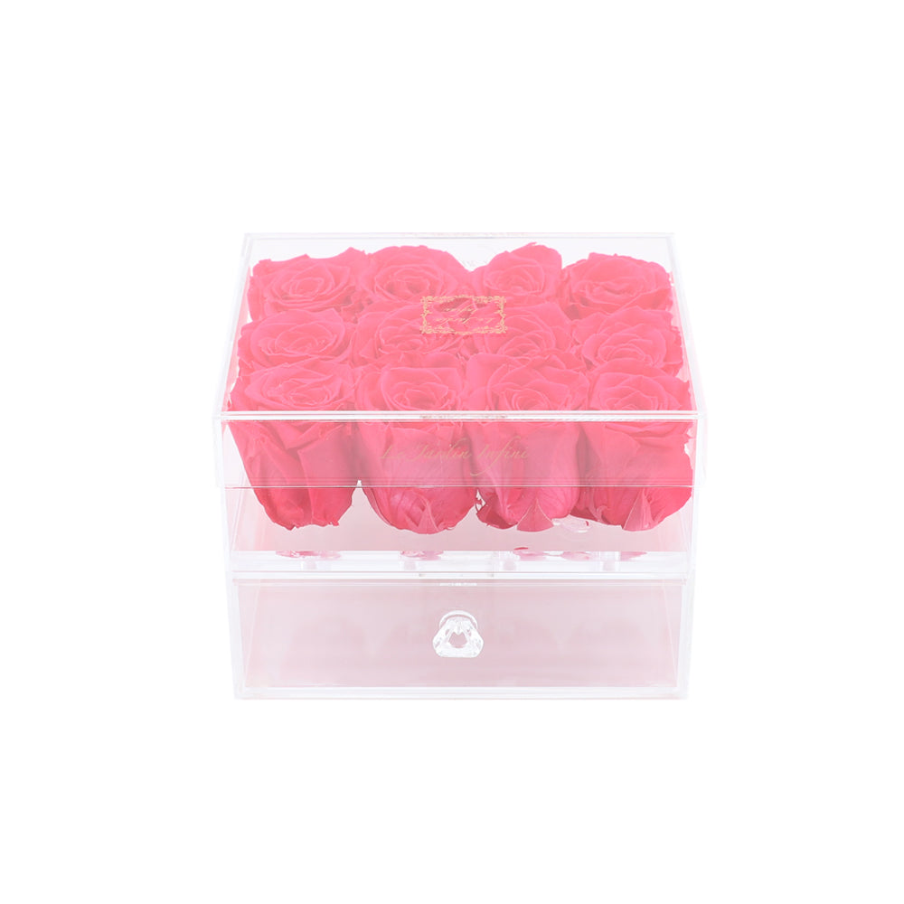 12 Hot Pink Preserved Roses - Acrylic Box With Drawer