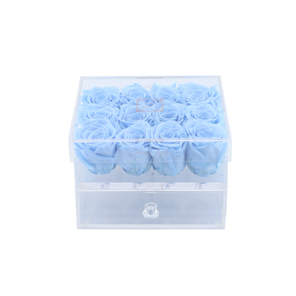 12 Light Blue Preserved Roses - Acrylic Box With Drawer