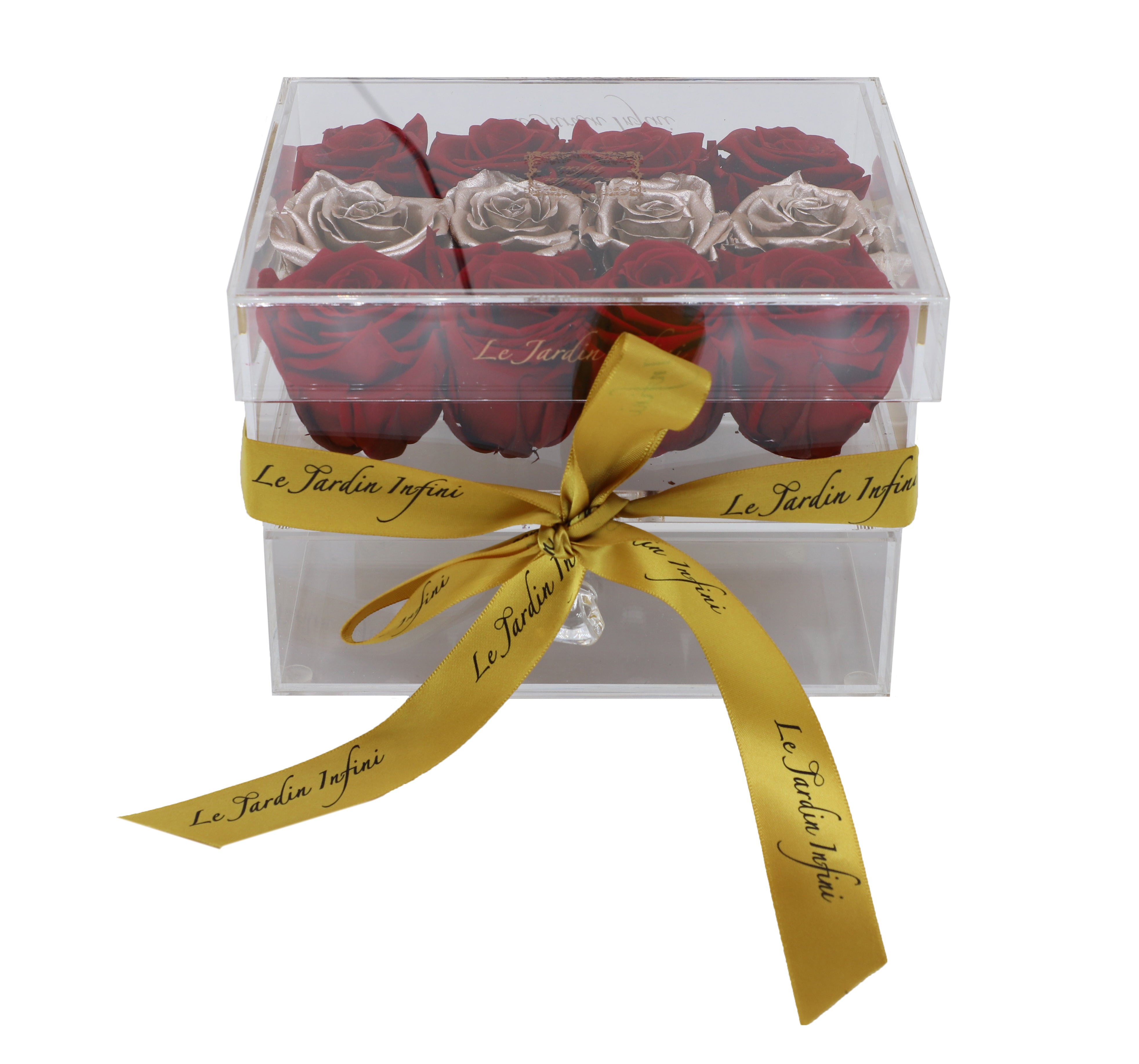 12 Red & Rose Gold Rows Preserved Roses - Acrylic Box With Drawer