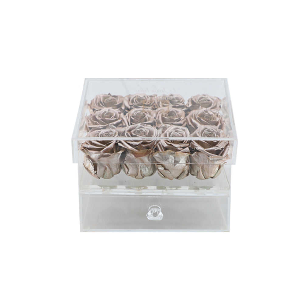 12 Rose Gold Preserved Roses - Acrylic Box With Drawer