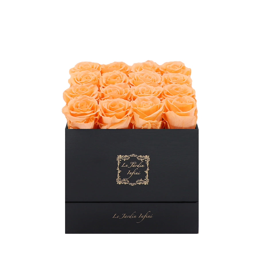 16 Peach Preserved Roses - Luxury Square Shiny Black Box