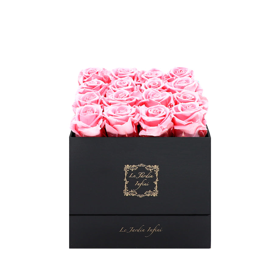 16 Pink Preserved Roses - Luxury Square Shiny Black Box