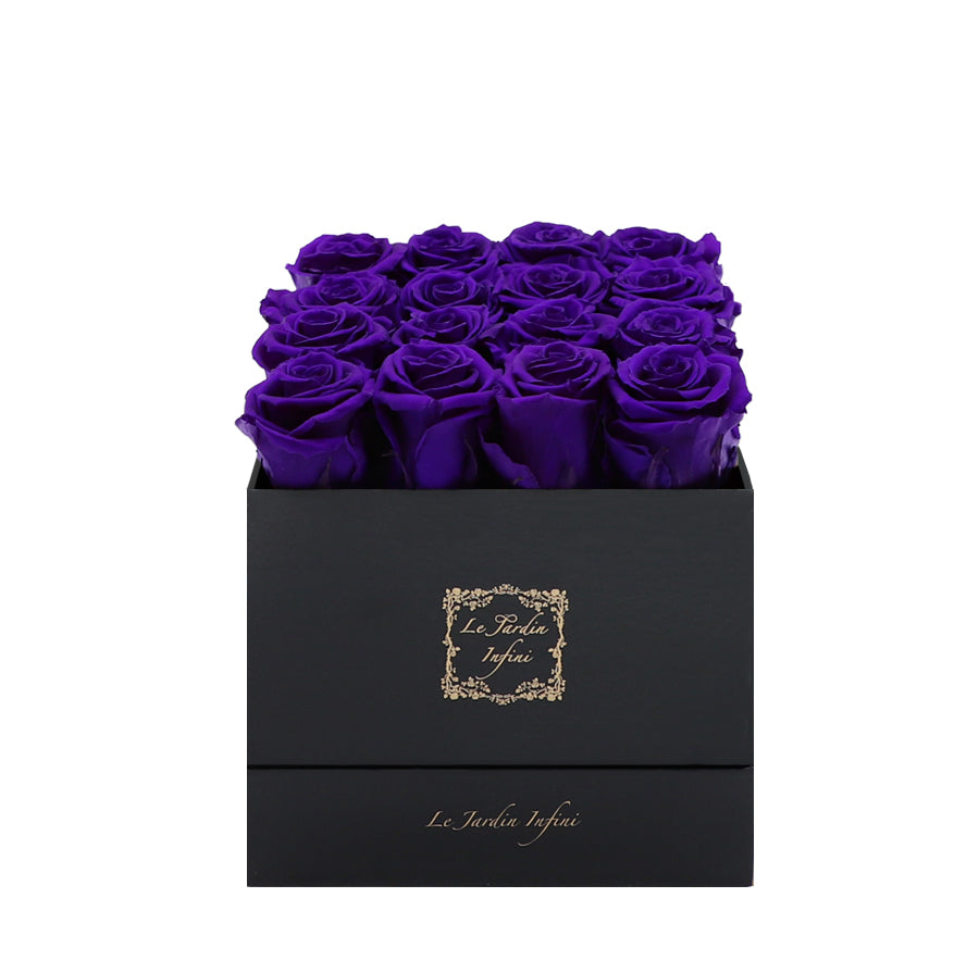 16 Purple Preserved Roses - Luxury Square Shiny Black Box