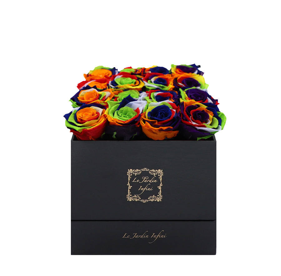 16 Rainbow Preserved Roses - Luxury Square Shiny Black Box