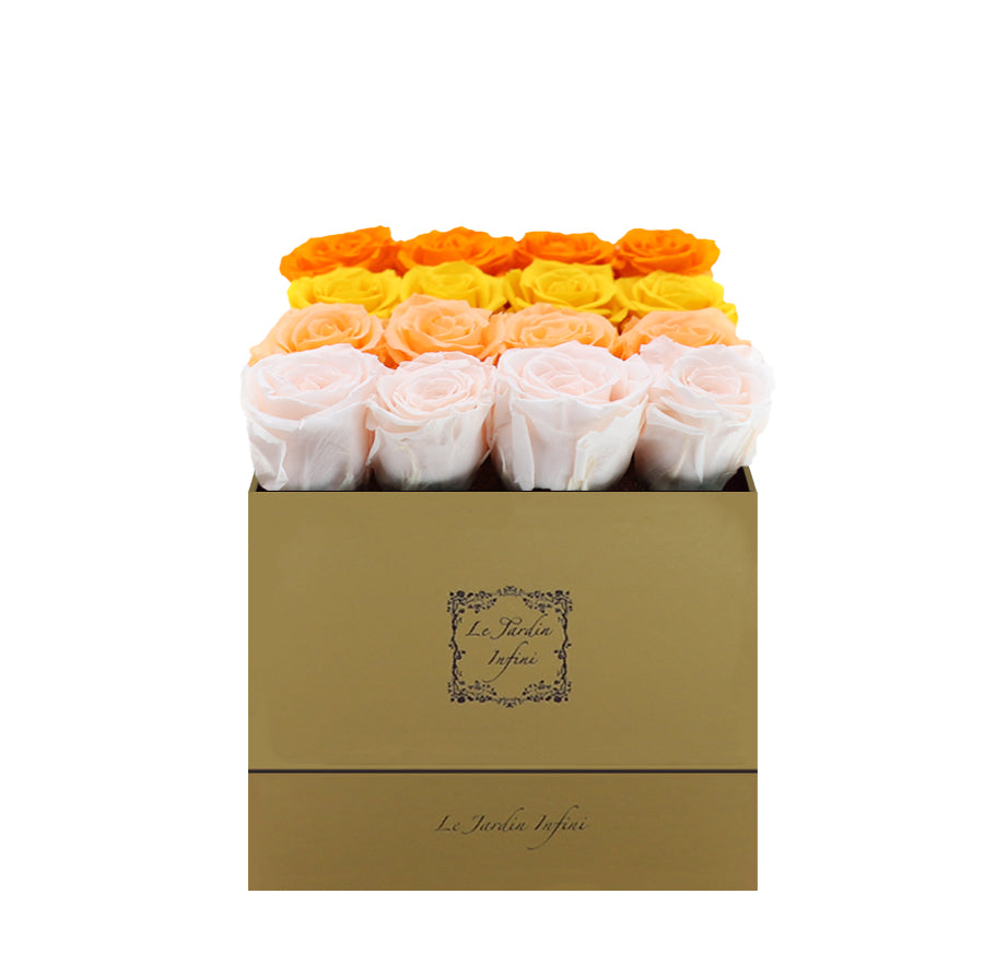 16 Orange, Yellow, Peach & Champagne Rows Preserved Roses - Luxury Square Shiny Gold Box