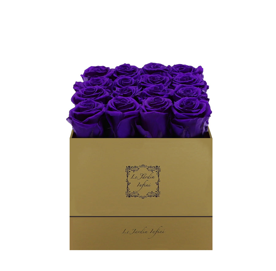 16 Purple Preserved Roses - Luxury Square Shiny Gold Box