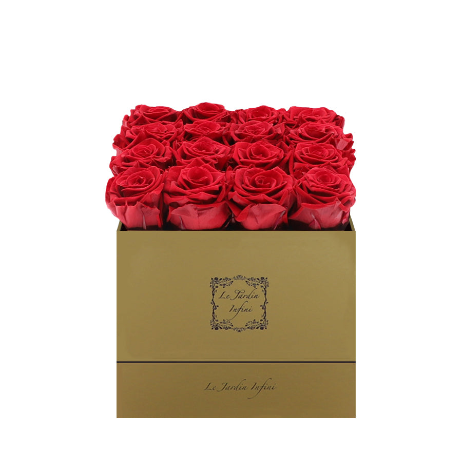 16 Red Preserved Roses - Luxury Square Shiny Gold Box