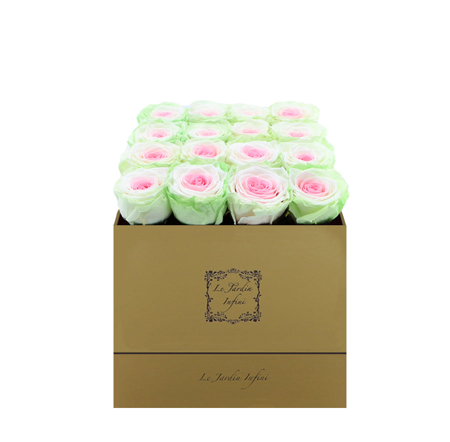 16 Tricolor Preserved Roses - Luxury Square Shiny Gold Box