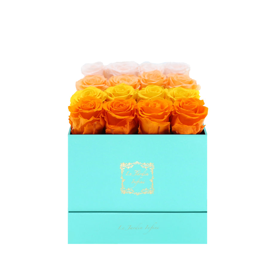 16 Orange, Yellow, Peach & Champagne Rows Preserved Roses - Luxury Square Shiny Turquoise Box