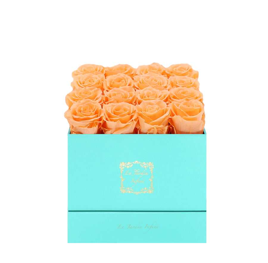 16 Peach Preserved Roses - Luxury Square Shiny Turquoise Box