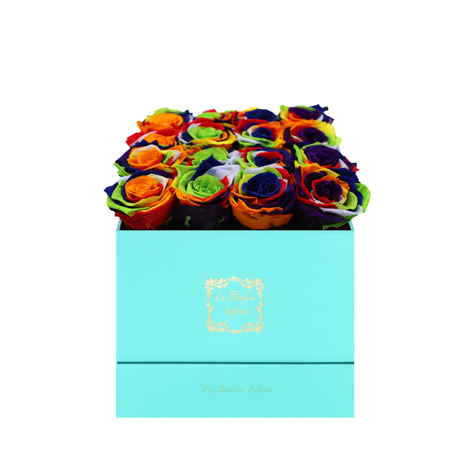 16 Rainbow Preserved Roses - Luxury Square Shiny Turquoise Box