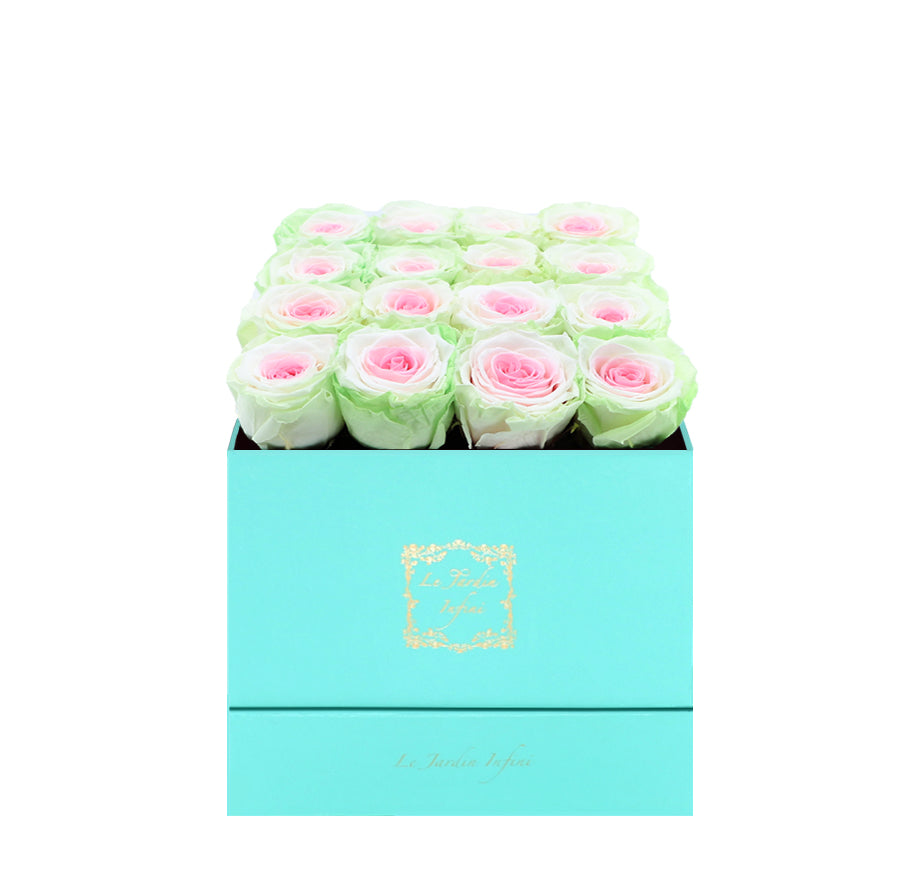 16 Tricolor Preserved Roses - Luxury Square Shiny Turquoise Box