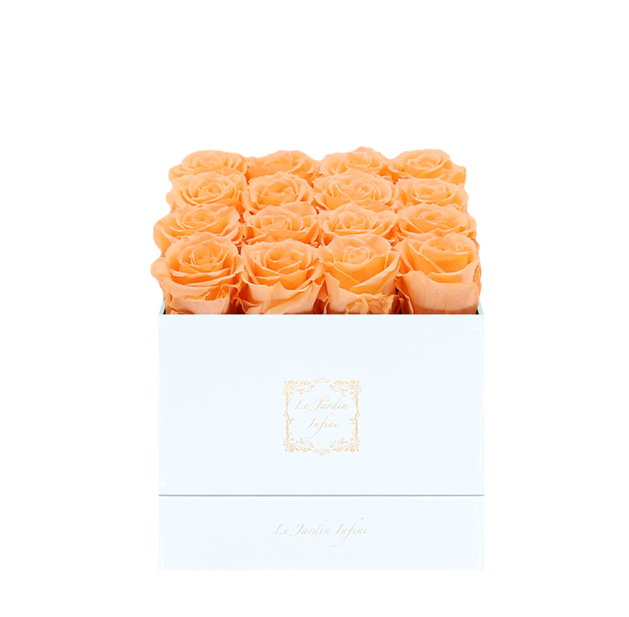 16 Peach Preserved Roses - Luxury Square Shiny White Box