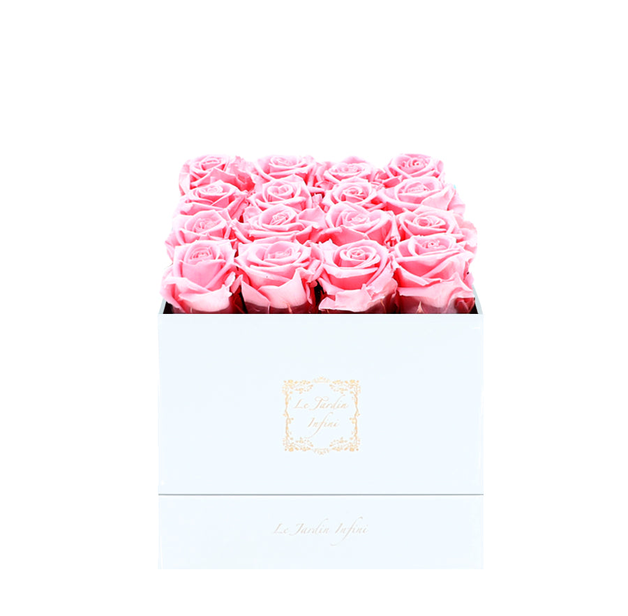 16 Pink Preserved Roses - Luxury Square Shiny White Box