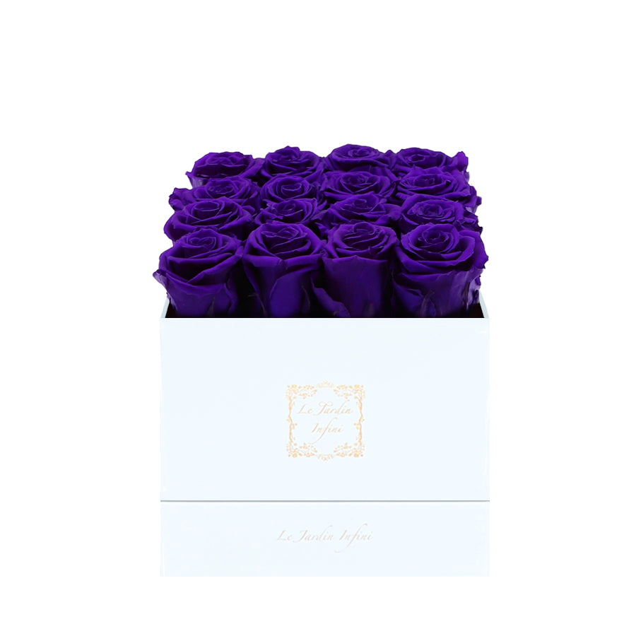 16 Purple Preserved Roses - Luxury Square Shiny White Box