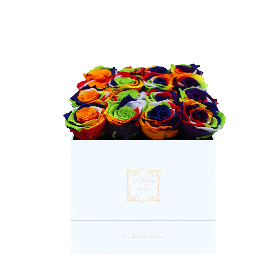 16 Rainbow Preserved Roses - Luxury Square Shiny White Box