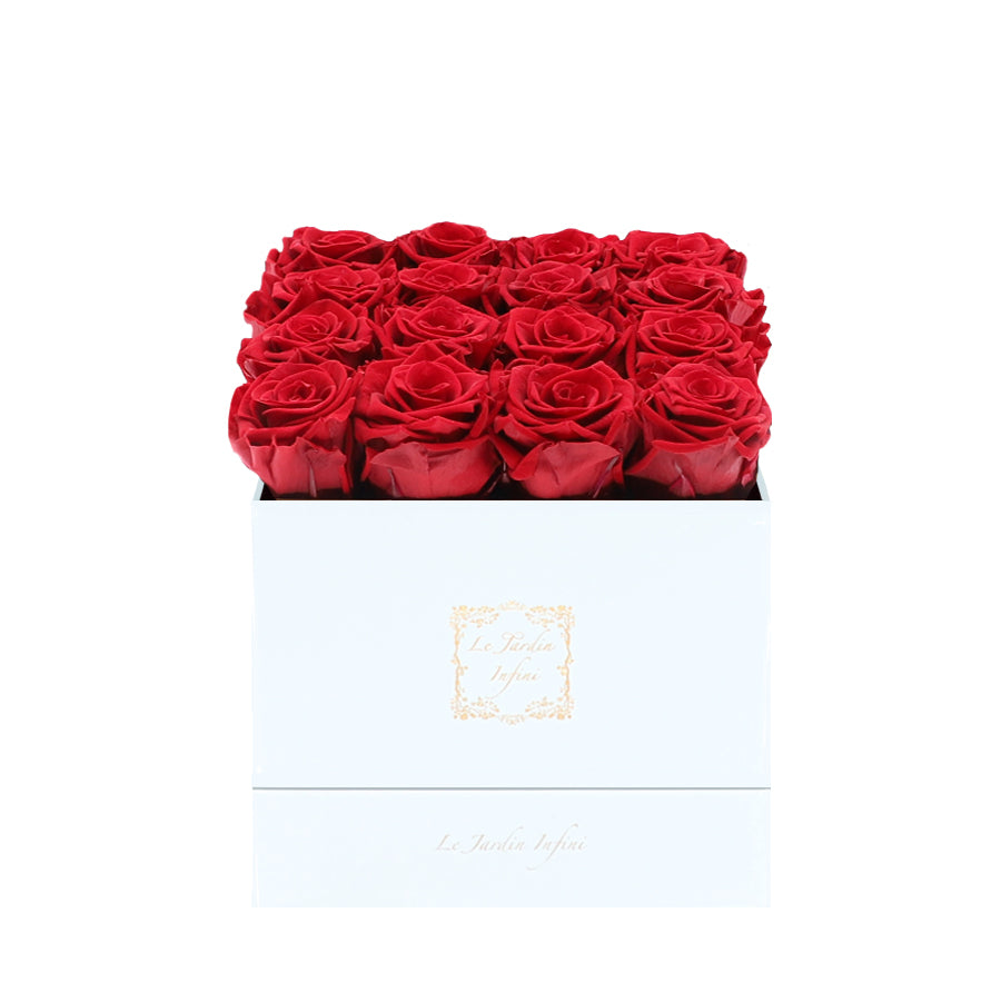 16 Red Preserved Roses - Luxury Square Shiny White Box