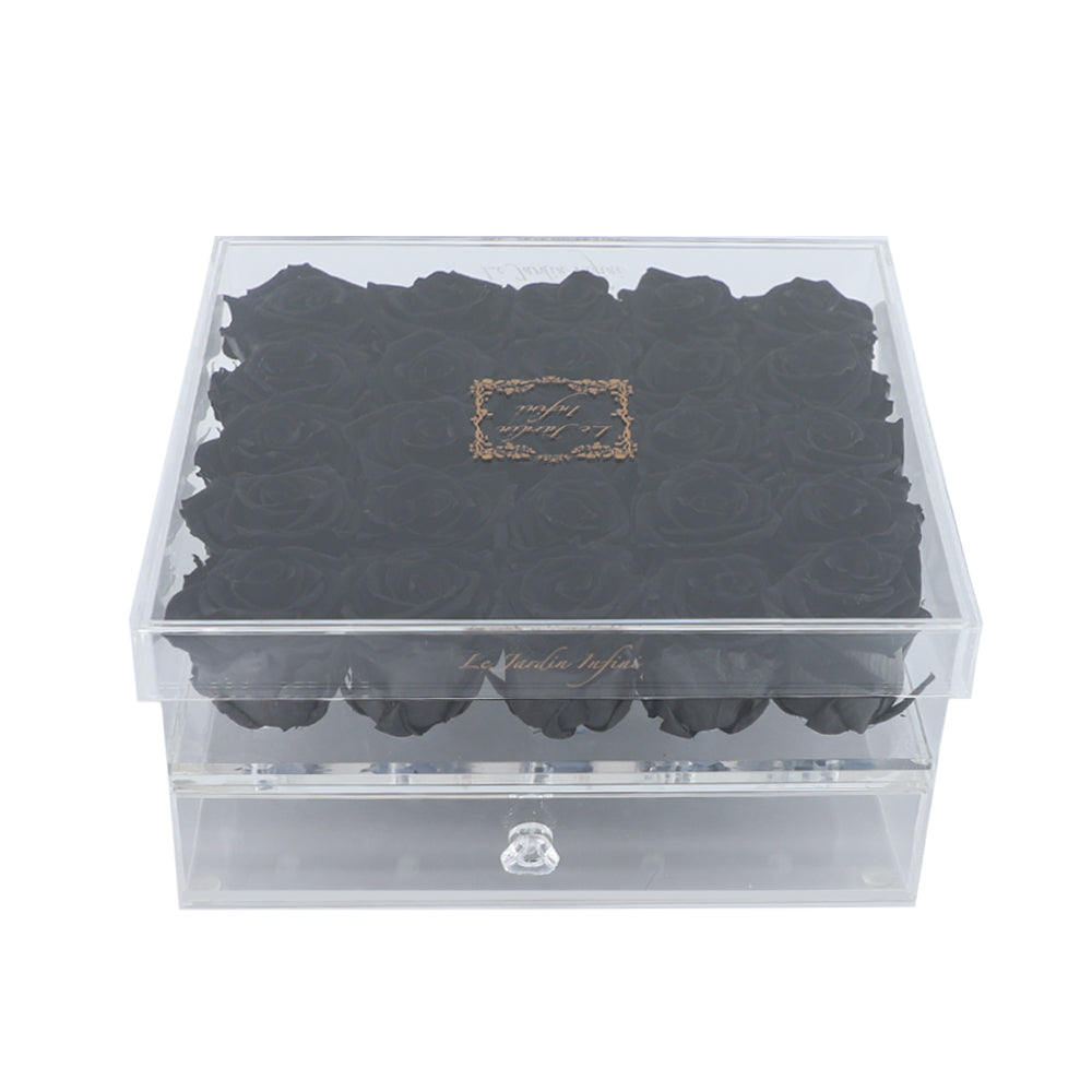 25 Black Preserved Roses - Acrylic Box With Drawer