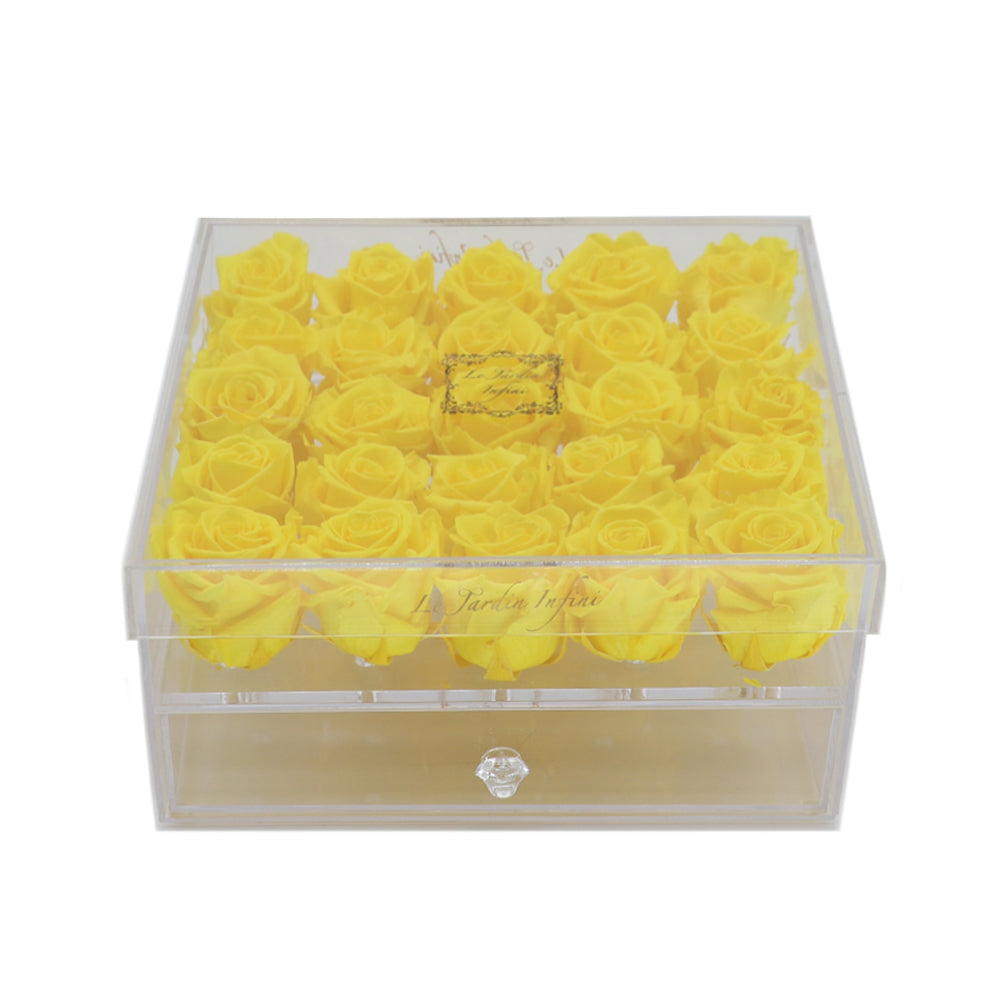 25 Bright Yellow Preserved Roses - Acrylic Box With Drawer
