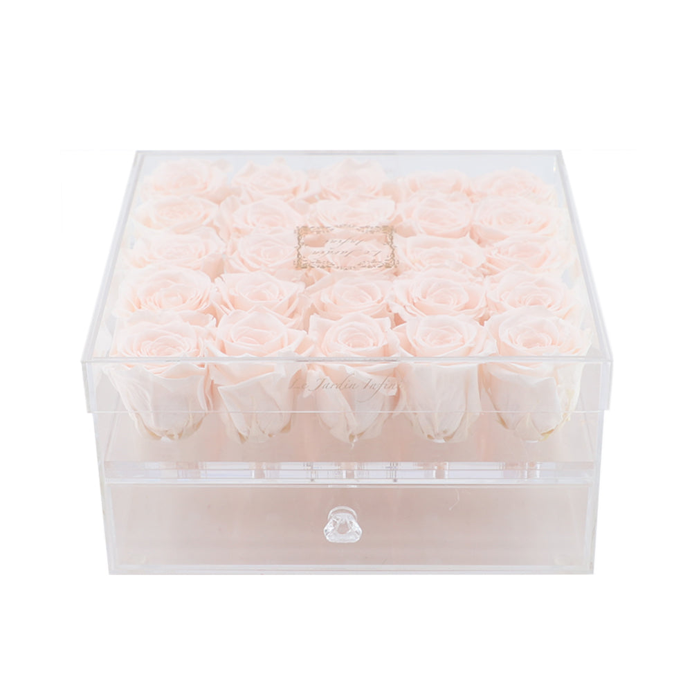 25 Champagne Preserved Roses - Acrylic Box With Drawer