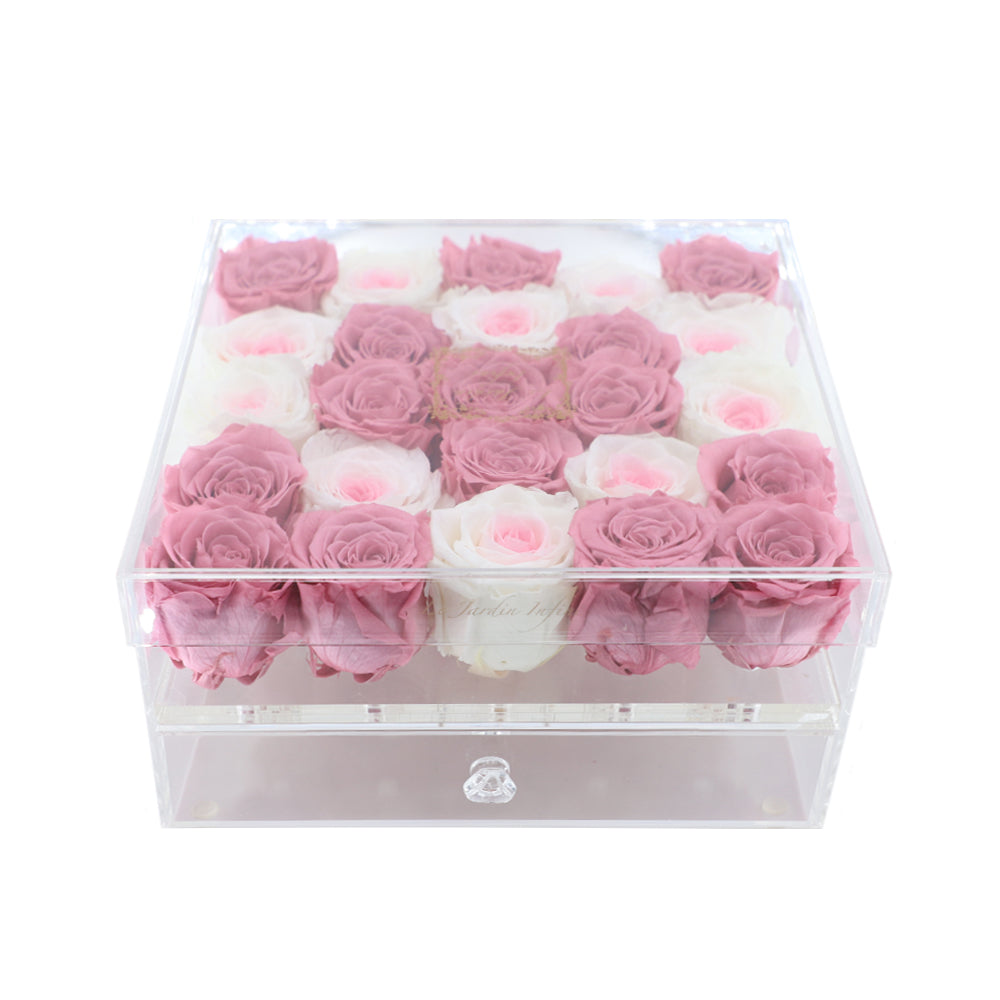 25 Cherry Blossom & Bicolor Preserved Roses Heart Design - Acrylic Box With Drawer