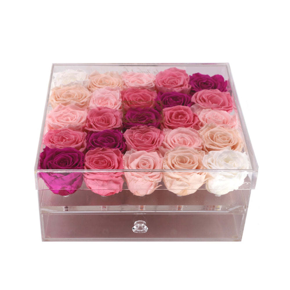 25 Fuchsia, Dark Pink, Pink, Champagne & White Preserved Roses - Acrylic Box With Drawer