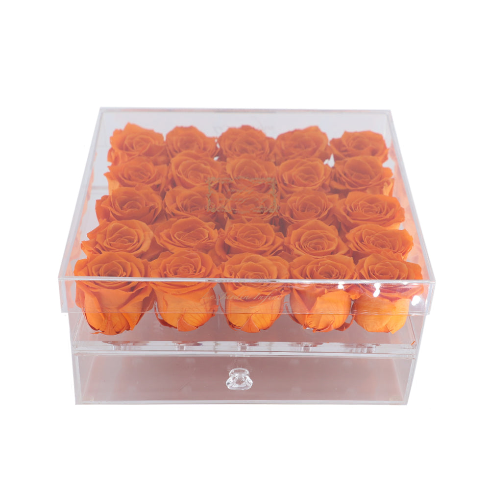 25 Orange Preserved Roses - Acrylic Box With Drawer
