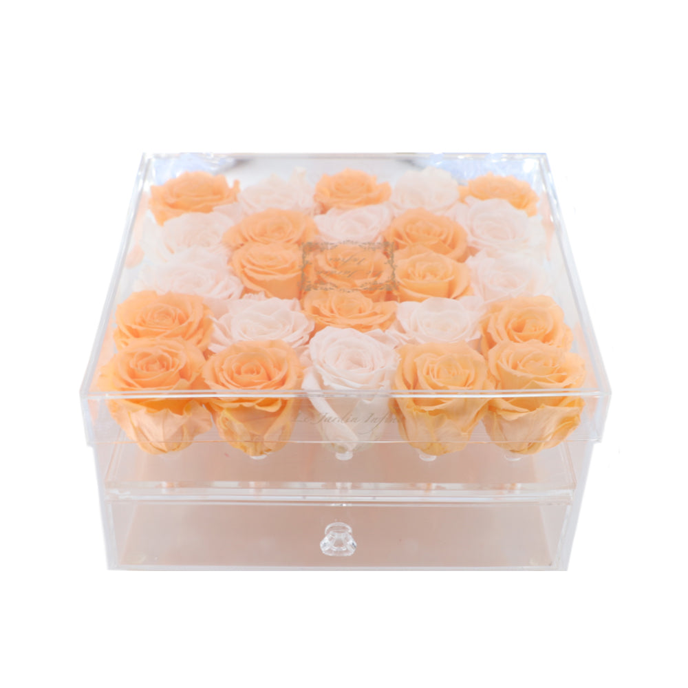 25 Peach & Champagne Preserved Roses Heart Design - Acrylic Box With Drawer