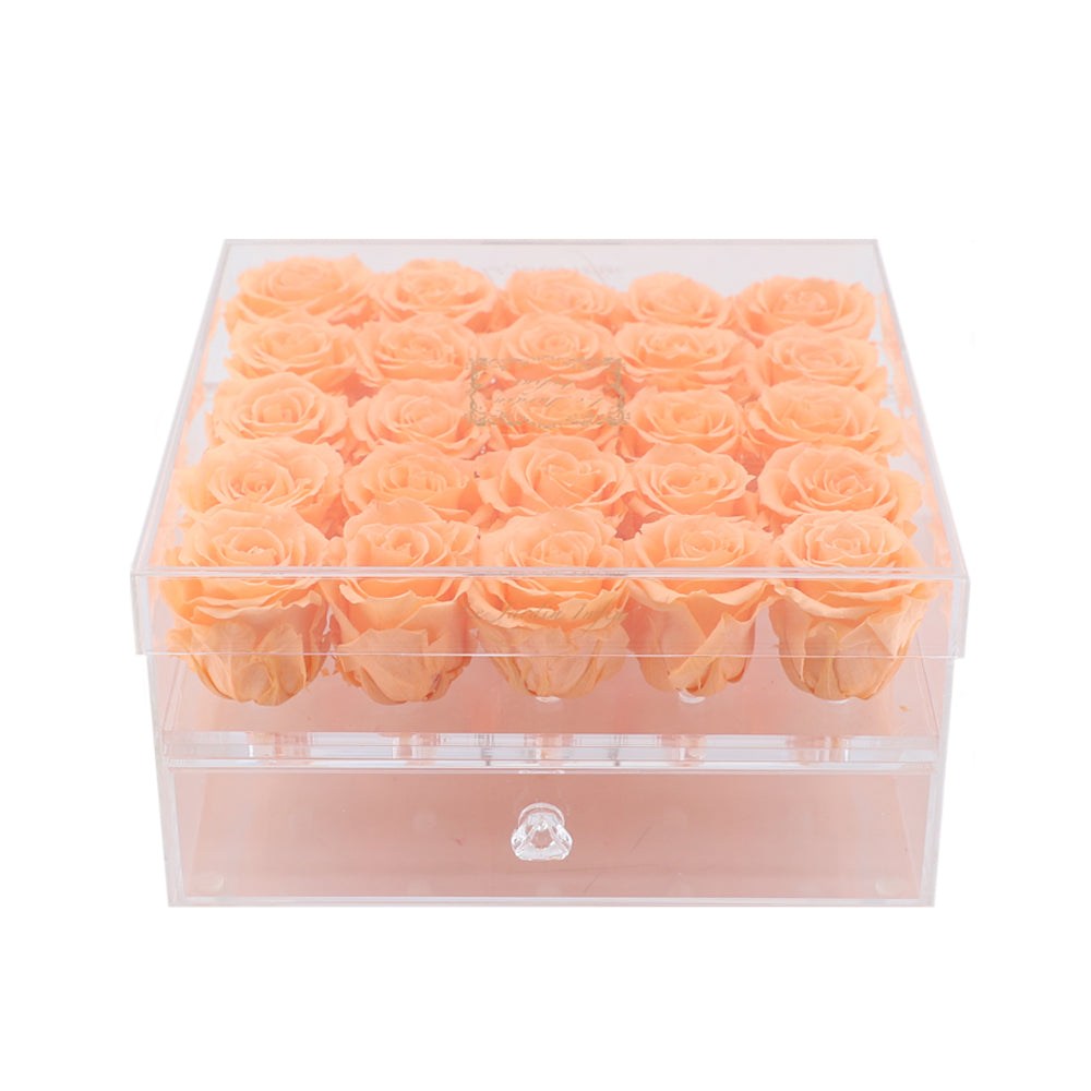 25 Peach Preserved Roses - Acrylic Box With Drawer