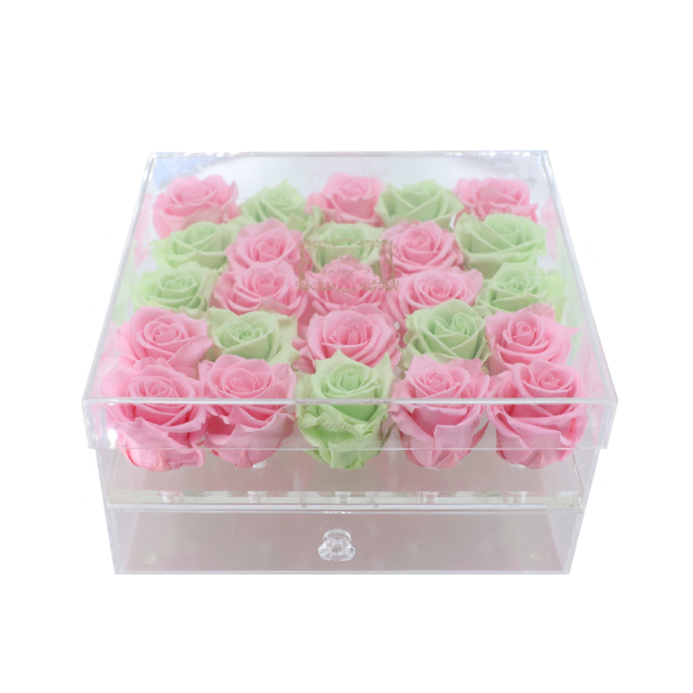 25 Pink & Mint Preserved Roses Heart Design - Acrylic Box With Drawer