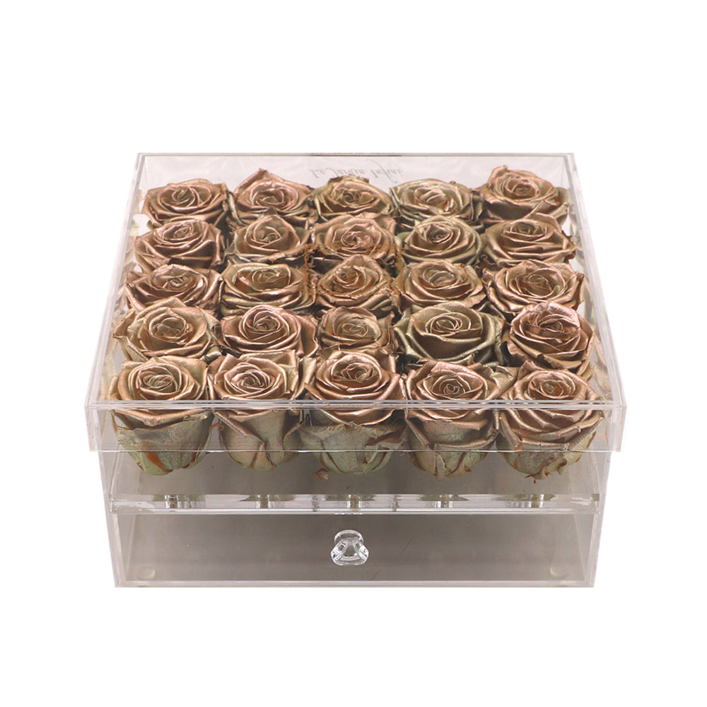 25 Gold Preserved Roses - Acrylic Box With Drawer