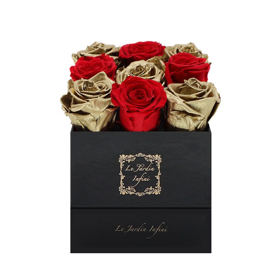 9 Gold & Red Checker Preserved Roses - Luxury Square Shiny Black Box
