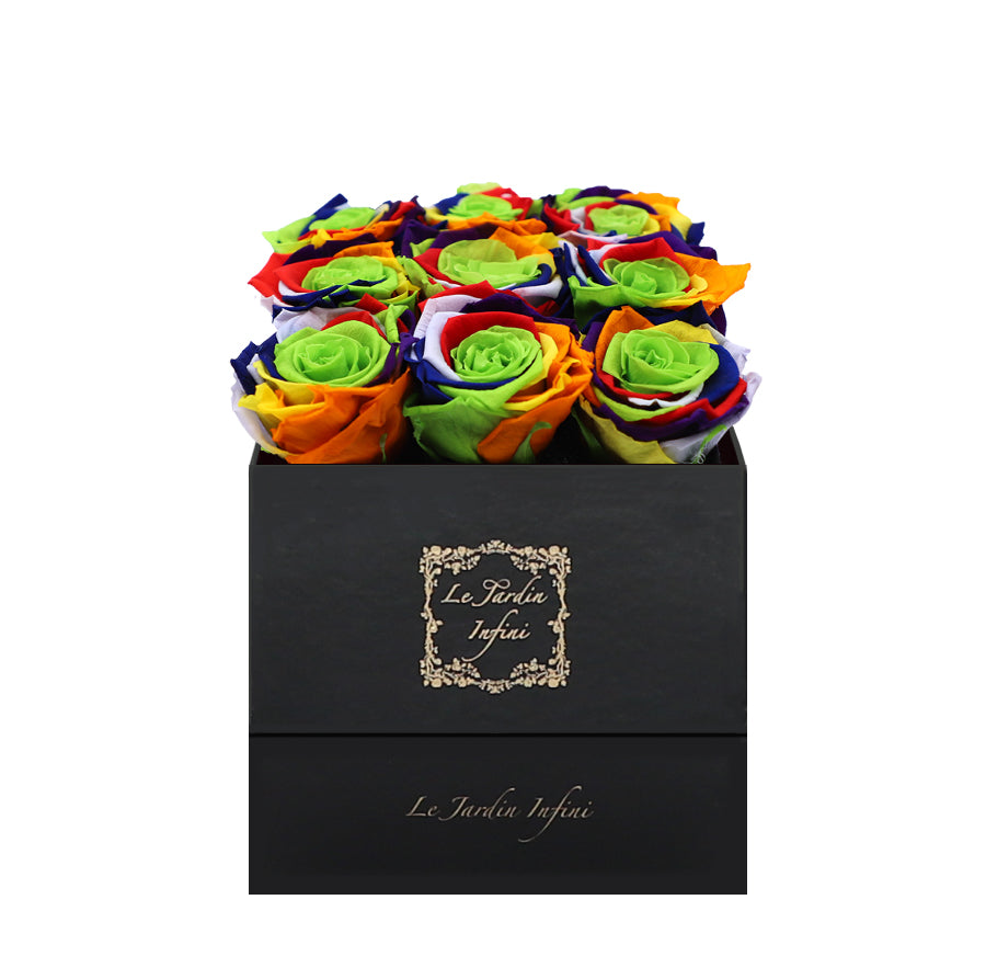 9 Rainbow Preserved Roses - Luxury Square Shiny Black Box