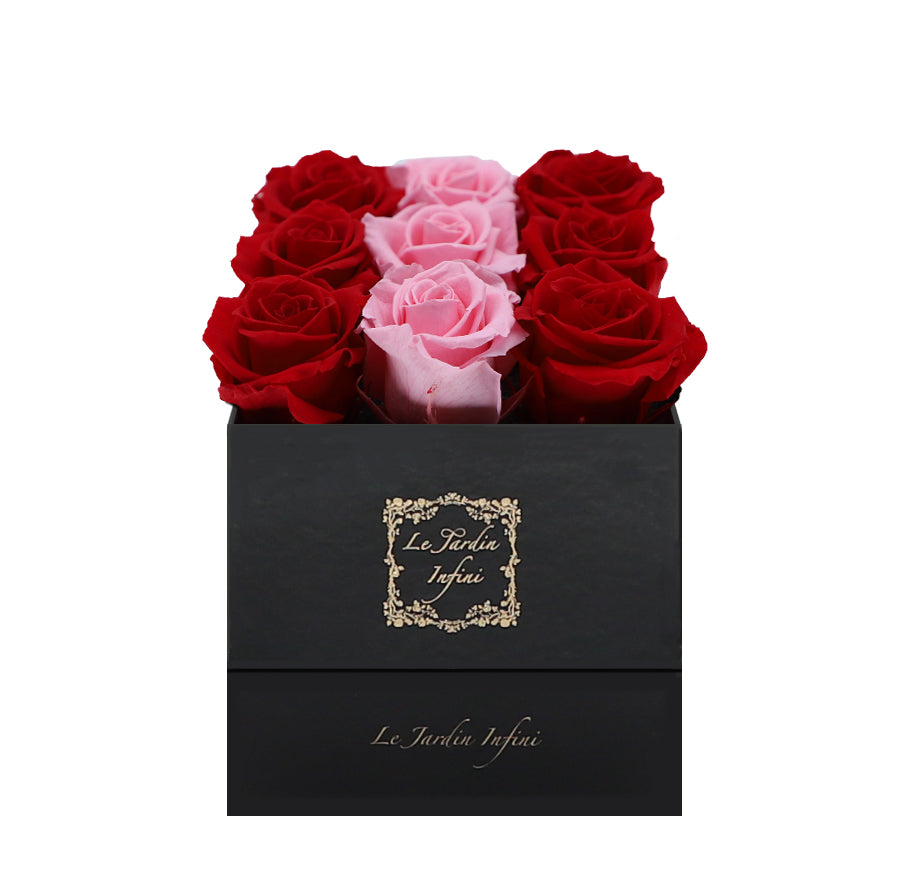 9 Red & Pink Rows Preserved Roses - Luxury Square Shiny Black Box