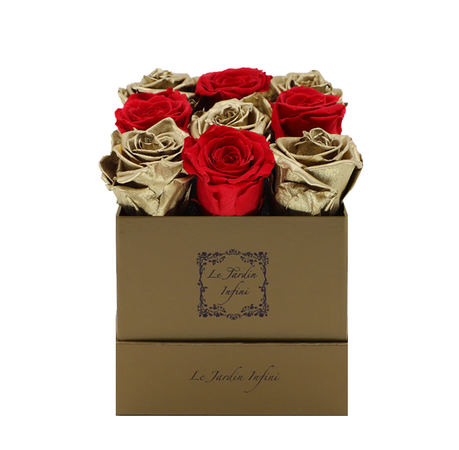 9 Gold & Red Checker Preserved Roses - Luxury Square Shiny Gold Box